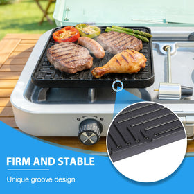 Utheer griddle stored inside stove for compact camping setup.