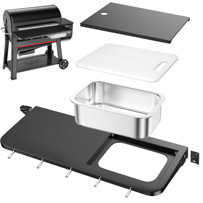 Utheer front folding grill table for Weber Searwood XL 600 adds expansive outdoor prep space.