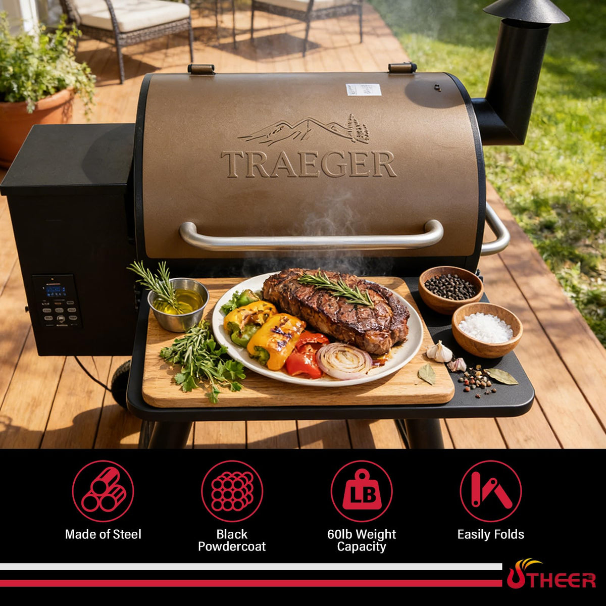 Utheer front shelf for Ironwood 650 keeps tools handy while grilling larger cuts