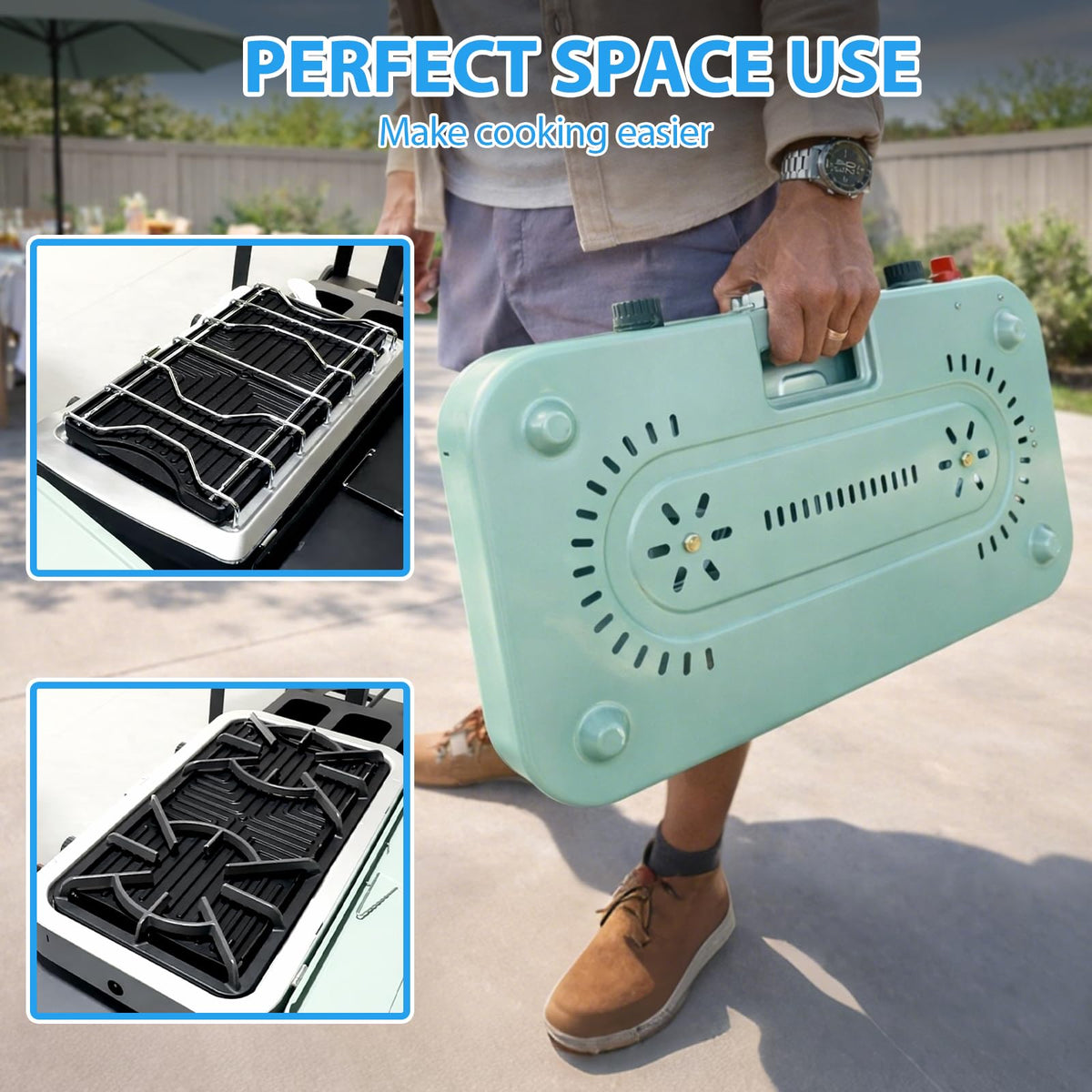 Utheer griddle built in storage keeps camp tidy when stowed.
