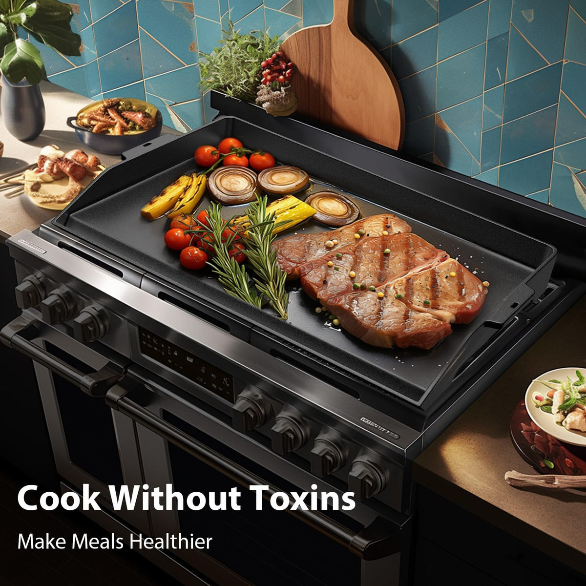 Utheer griddle packaging and sturdy enameled finish highlighting durability
