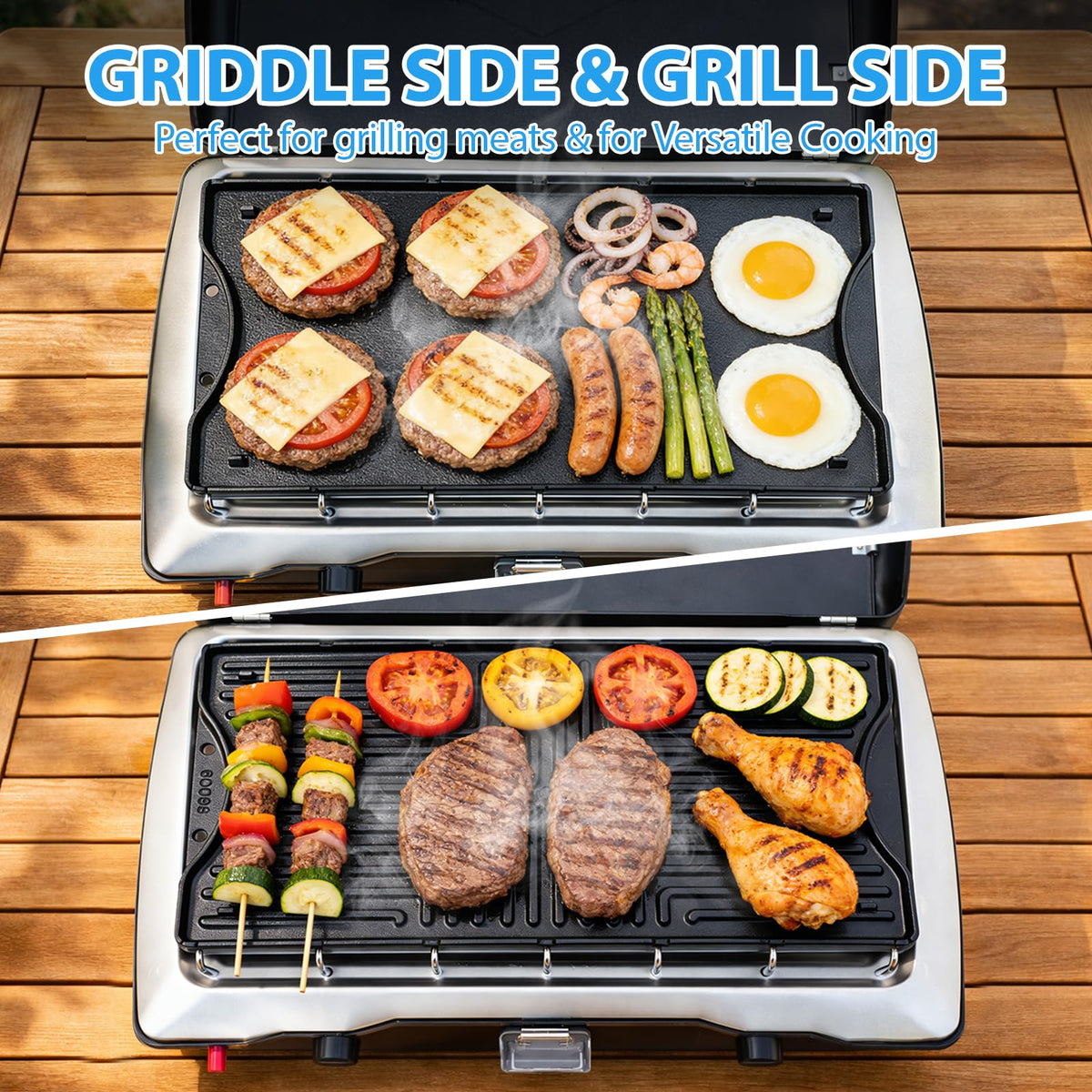 Utheer griddle works with most two burner camp stoves for broader use.