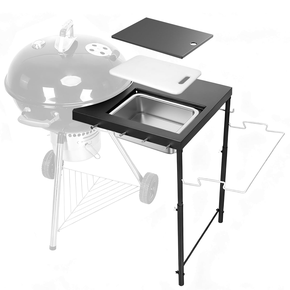 Utheer grill table with cutting board for enhanced prep space beside Weber Kettle