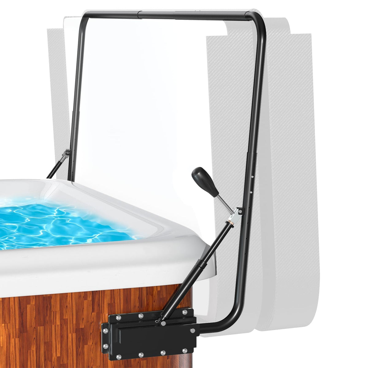 Utheer hot tub cover lifter assembly view with sturdy steel frame designed to last.