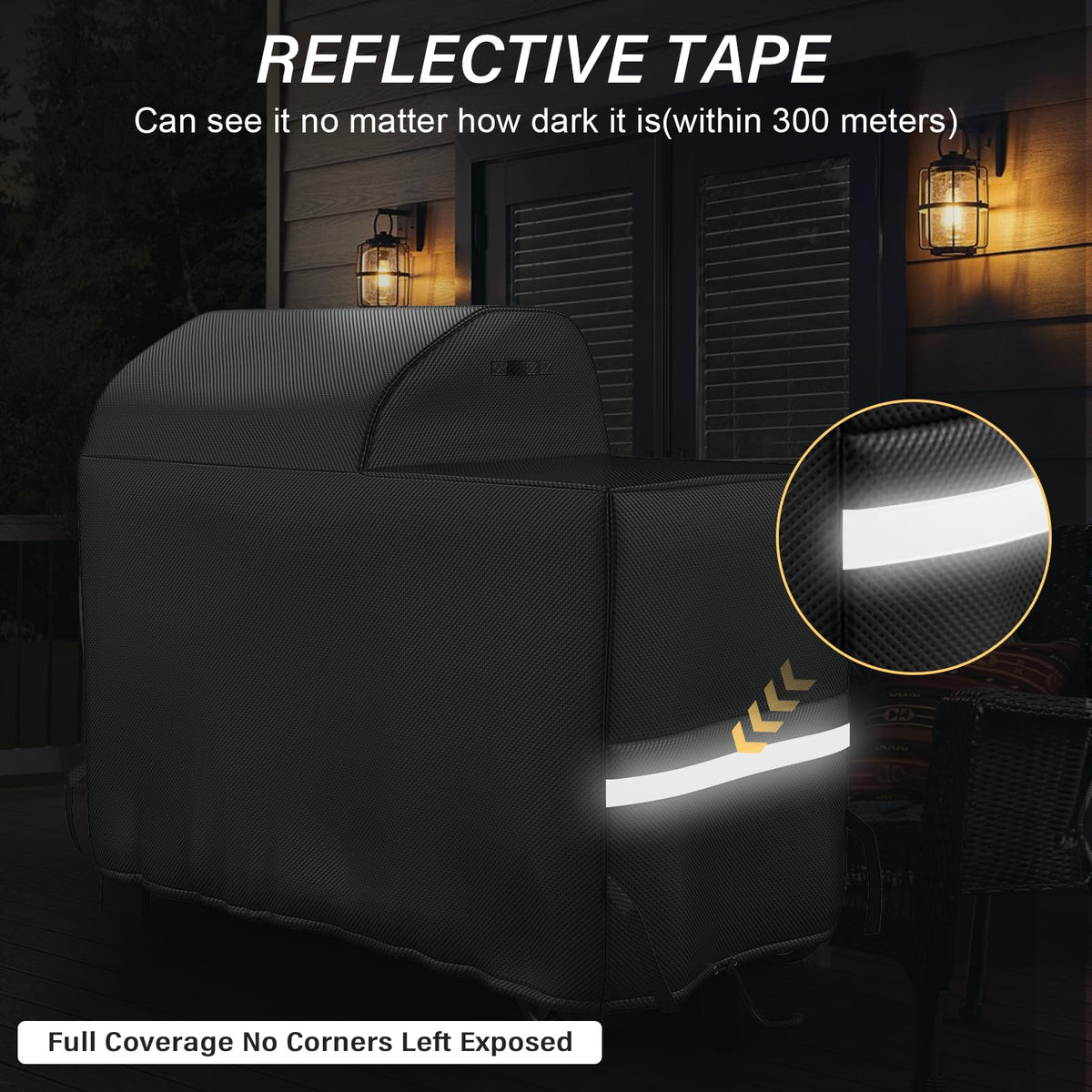 Utheer cover with reflective tapes increasing nighttime visibility of grill