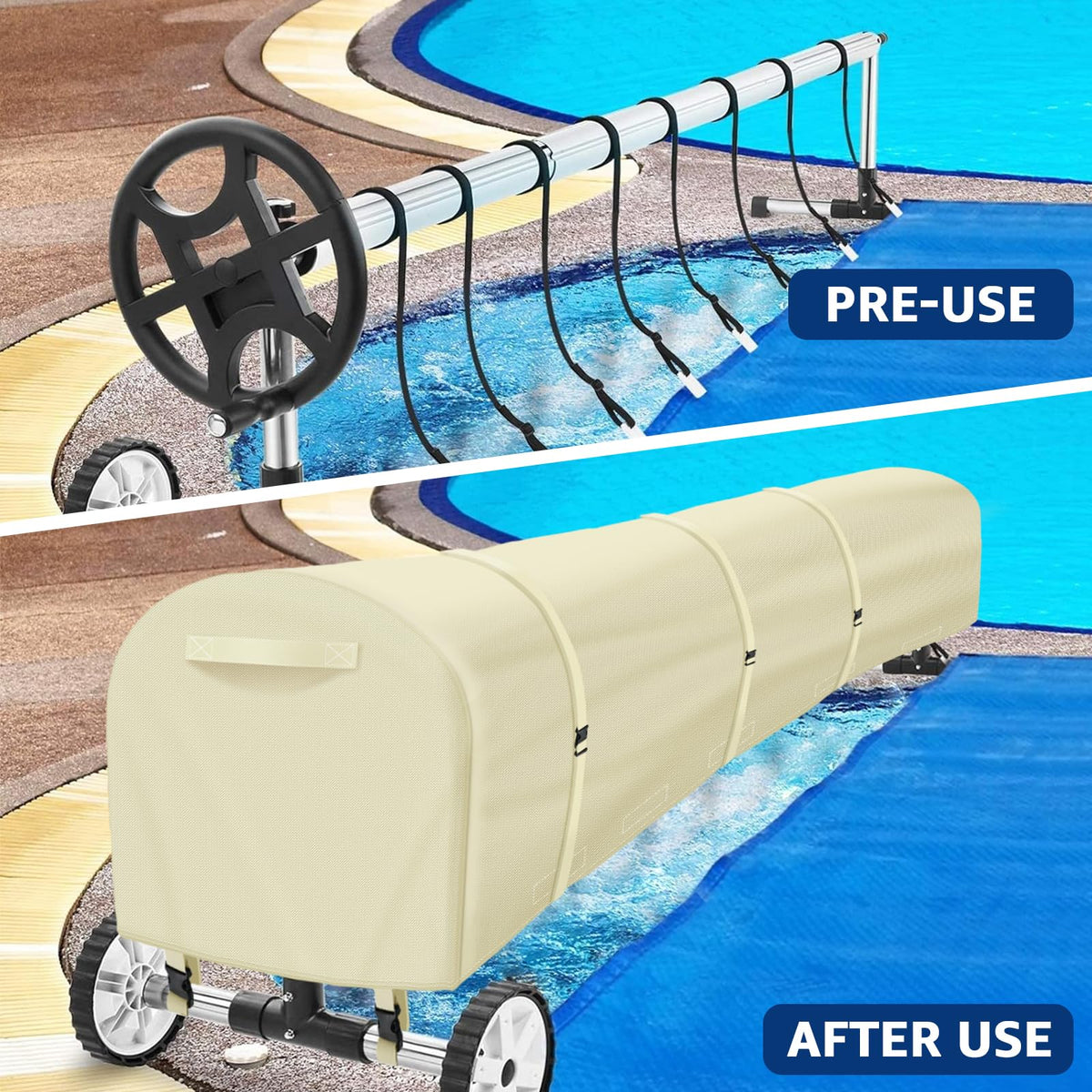 Uthem beige color blends with pool surroundings while shielding the reel from elements.