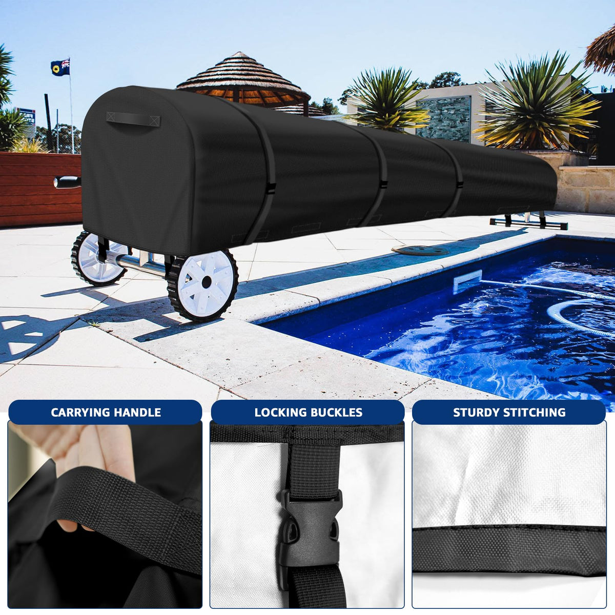 Uthem black reel cover blends with pool decor while guarding against elements.