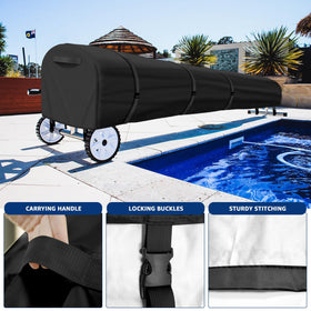 Uthem black reel cover blends with pool decor while guarding against elements.