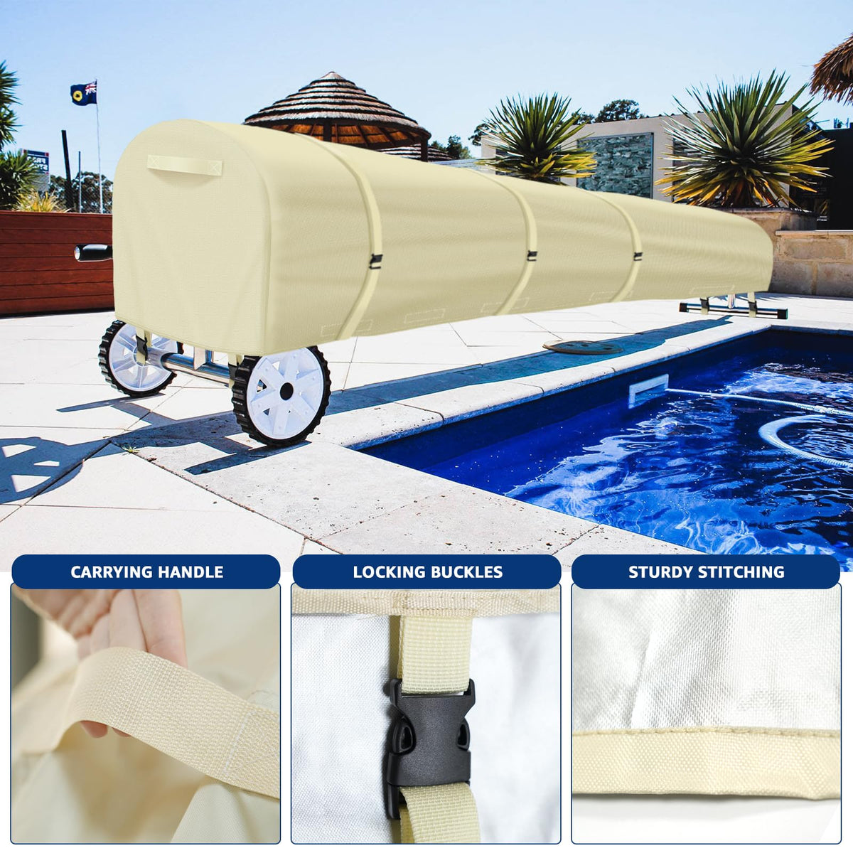 Uthem easy-roll handles enable quick removal and setup of the solar reel cover.