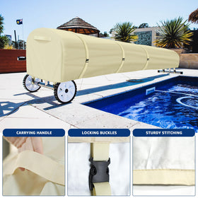 Uthem easy-roll handles enable quick removal and setup of the solar reel cover.