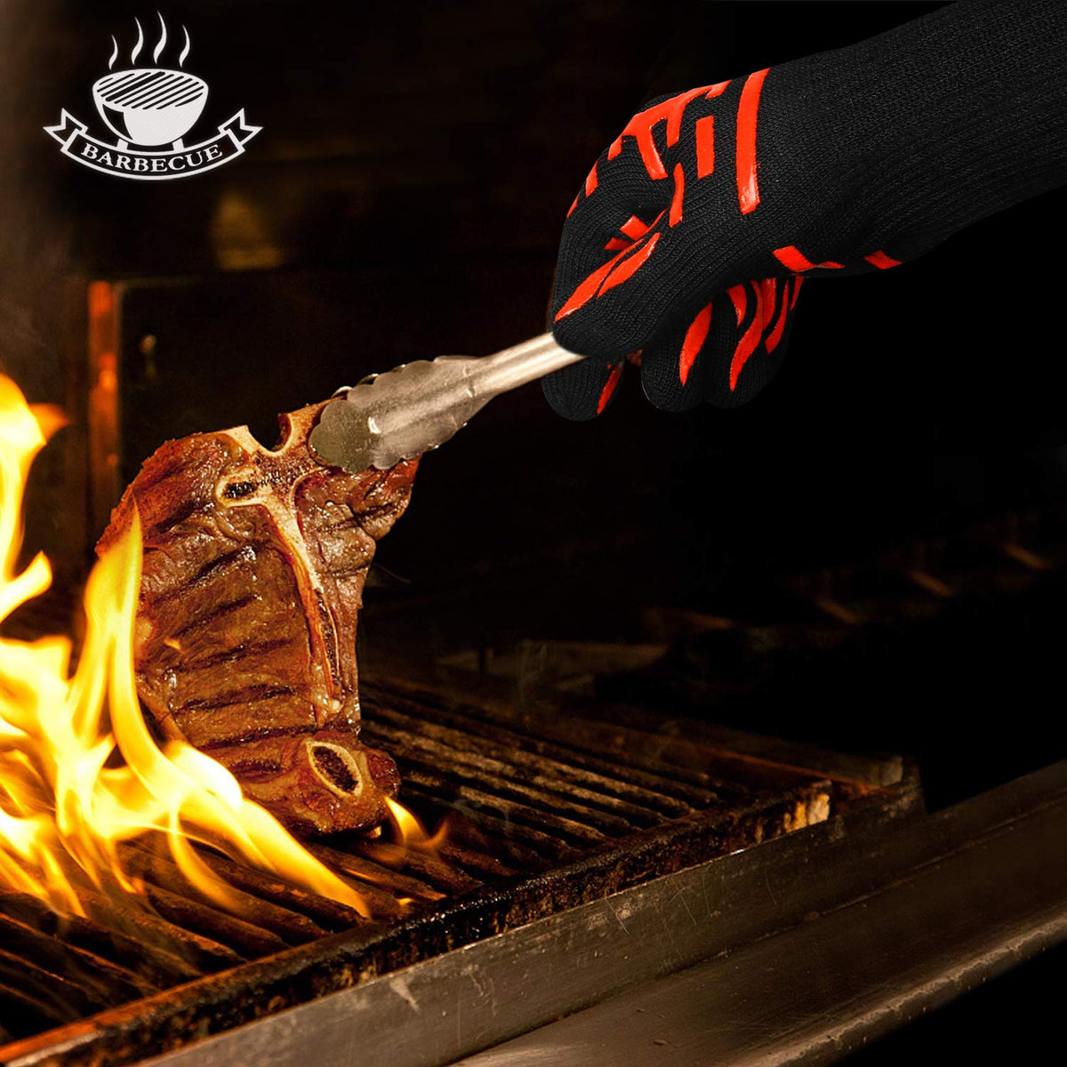 UTOI BBQ gloves extend to the forearms for maximal burn prevention during campfire cooking.
