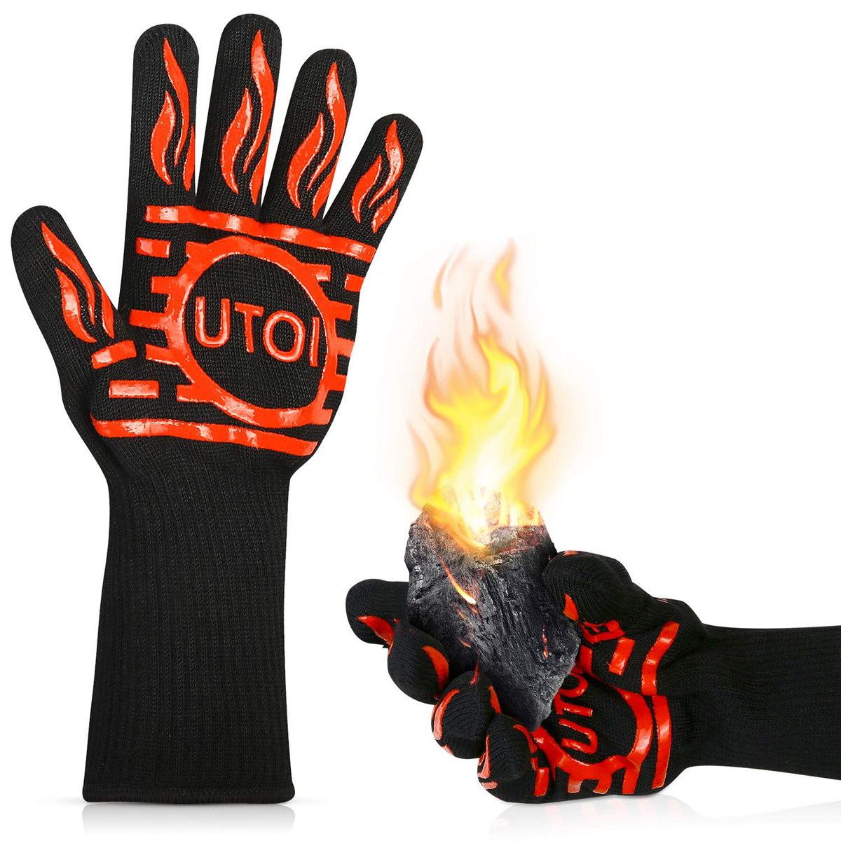 UTOI BBQ gloves with heat-resistance up to 1472°F for safe handling of hot grills.