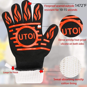 UTOI BBQ gloves featuring a non-slip textured grip for secure tool handling.
