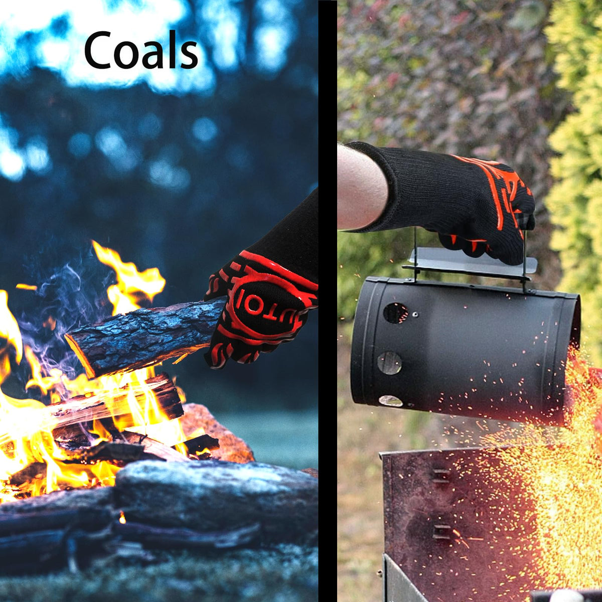 UTOI BBQ gloves showing an extra-long cuff for wrist and forearm protection.