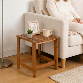 Utoplike teak outdoor side table is multi-use for drinks, plants, or decor