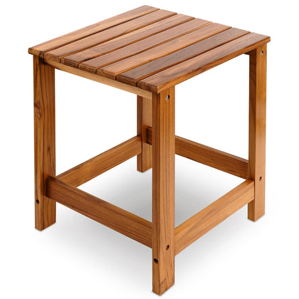 Utoplike teak outdoor side table surface with chamfered edge for an elegant outdoor setup