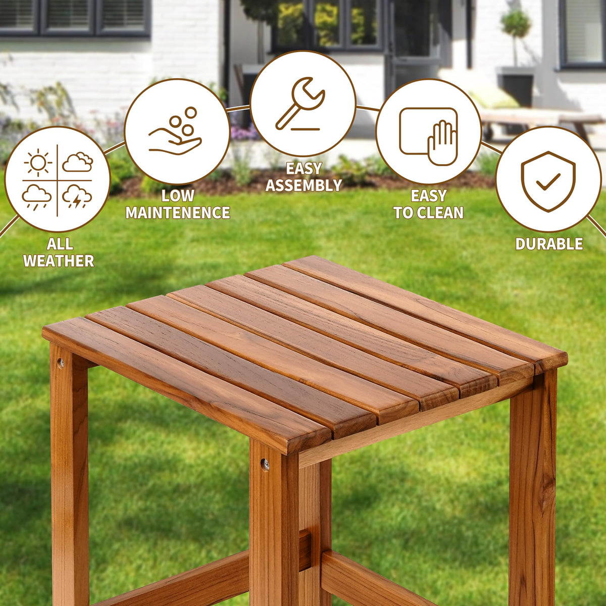 Utoplike teak outdoor side table adds a warm accent to any room