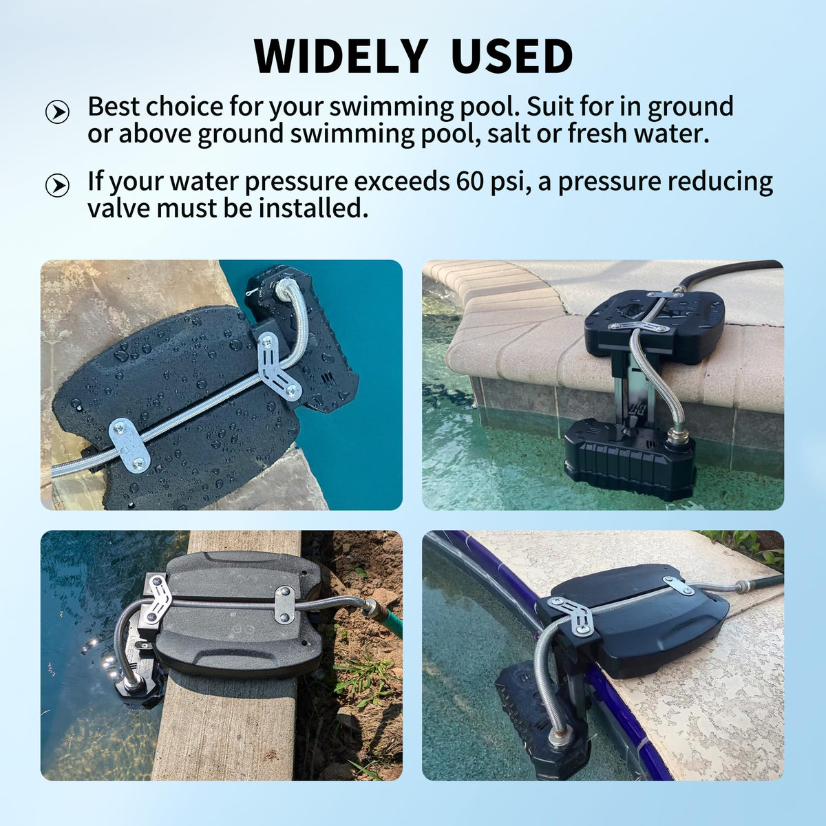 uueeGo height-adjustable frame fits different pool setups from 2 to 9 inches.