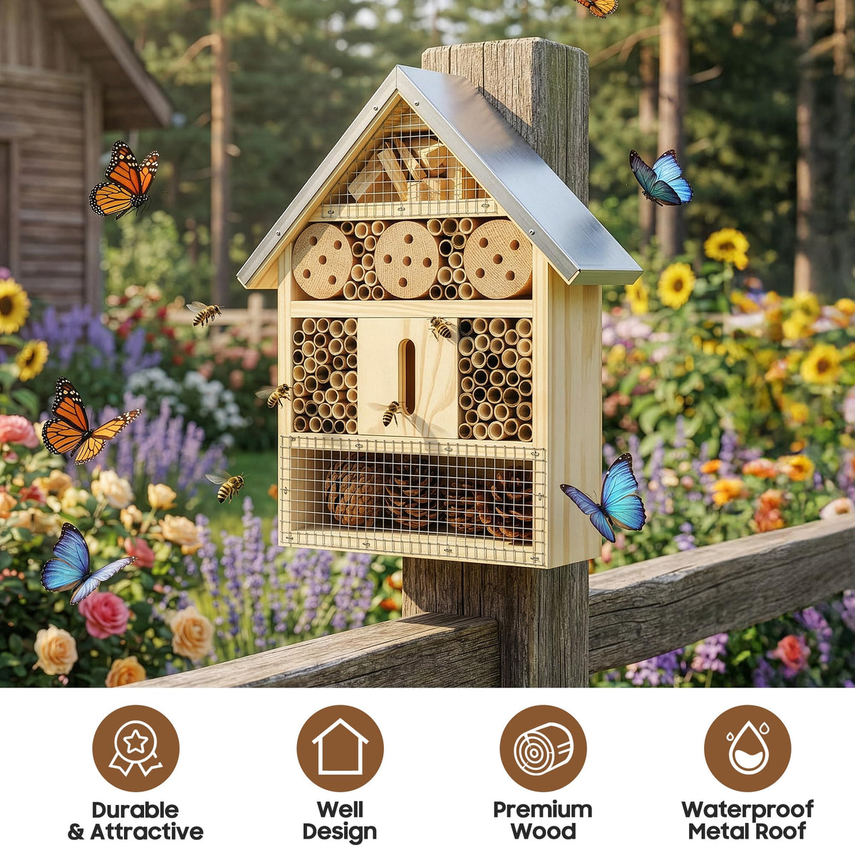 UUMENHA insect hotel garden-hung setup demonstrates versatile placement