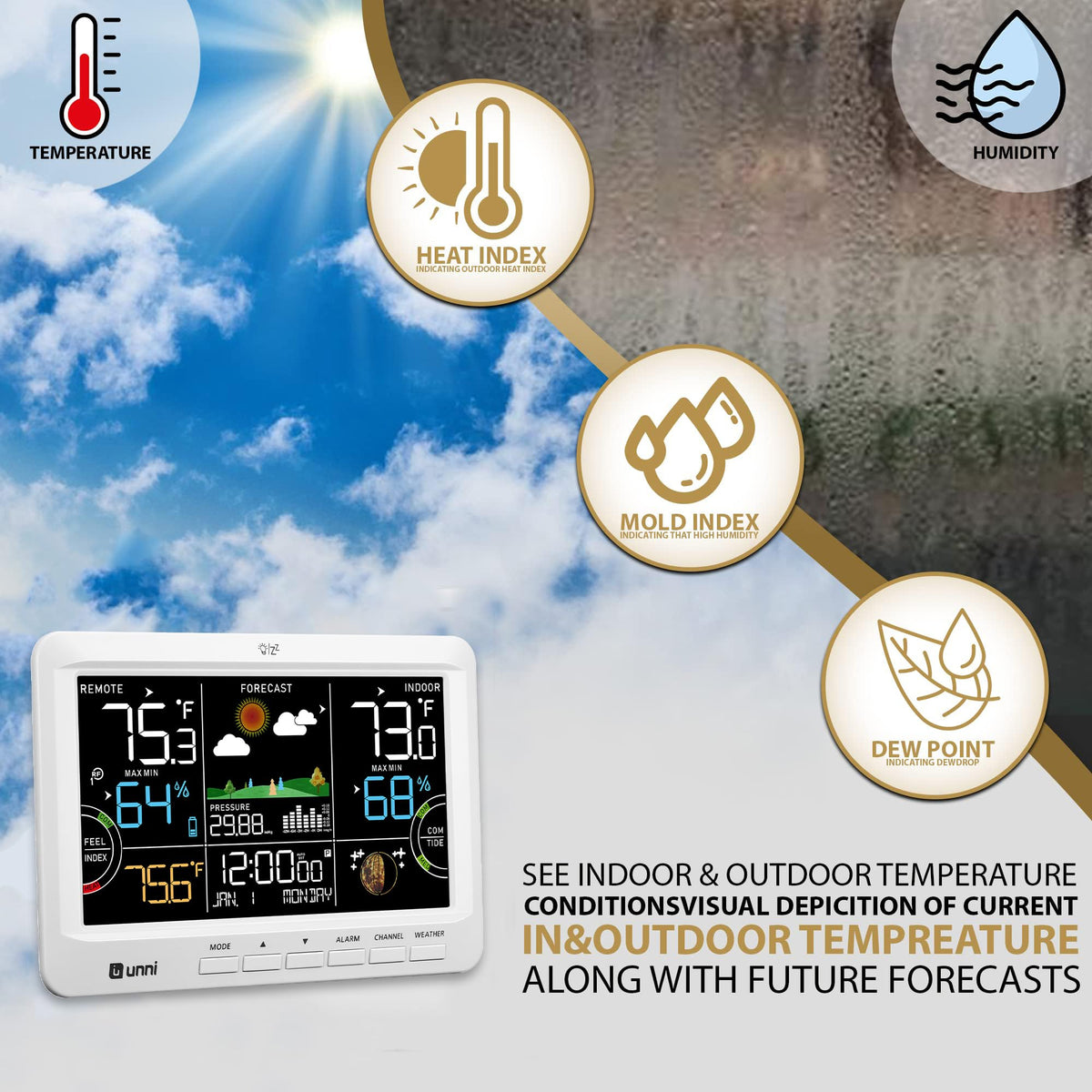U UNNI atomic clock display keeps accurate time with automatic DST adjustments.