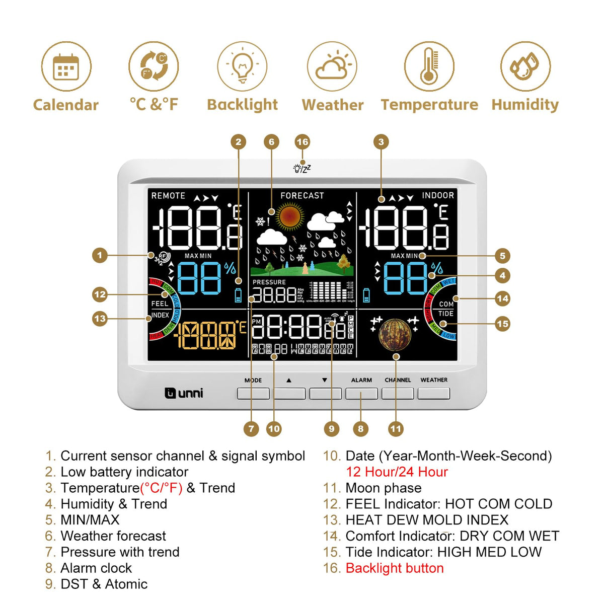 U UNNI moon phase and tide indicators for planning outdoor activities.