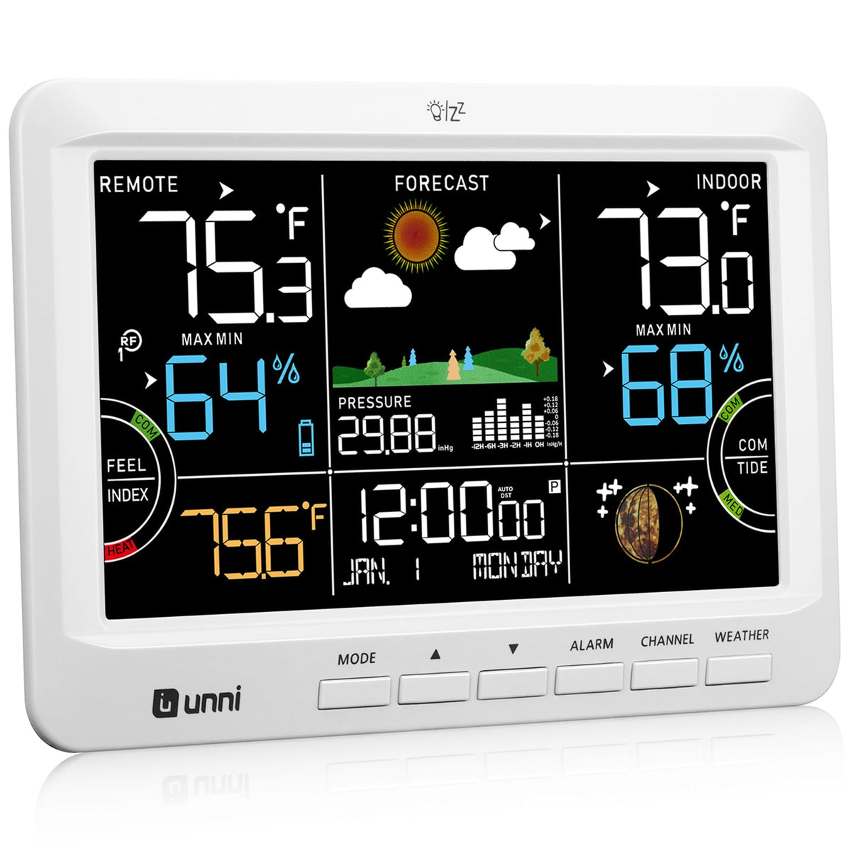 U UNNI weather station with backlit 7.5-inch display showing indoor and outdoor readings.