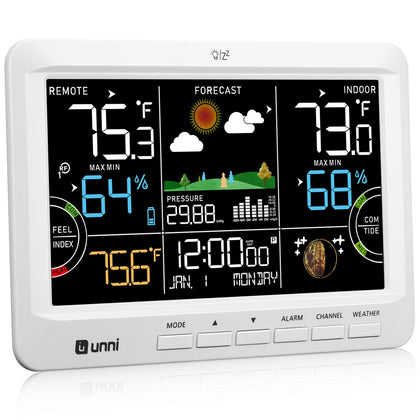 U UNNI weather station with backlit 7.5-inch display showing indoor and outdoor readings.