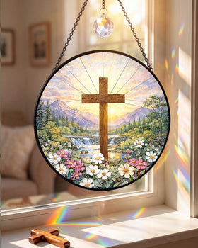 UVGVA handmade cross sun catcher embodies faith and renewal in glass art