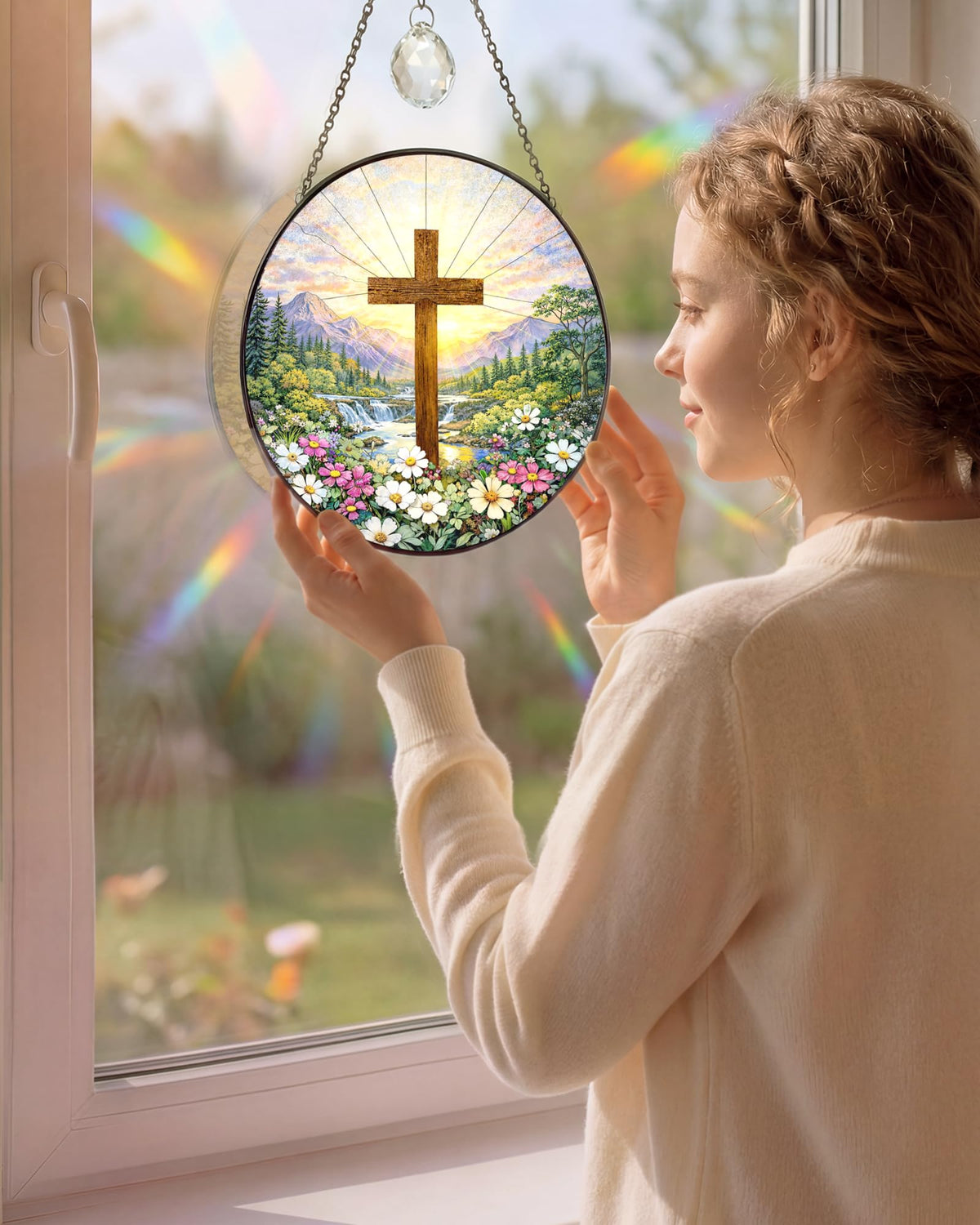 UVGVA stained glass cross sun catcher shows blooming flowers around the cross for calm decor