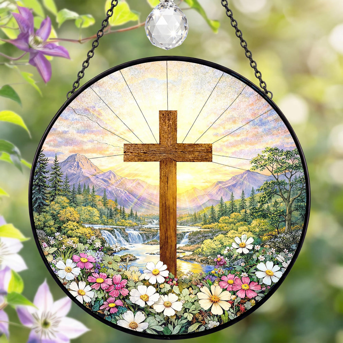 UVGVA stained glass cross sun catcher with mountain sunrise brightens windows for a serene glow