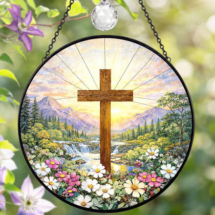 UVGVA stained glass cross sun catcher with mountain sunrise brightens windows for a serene glow