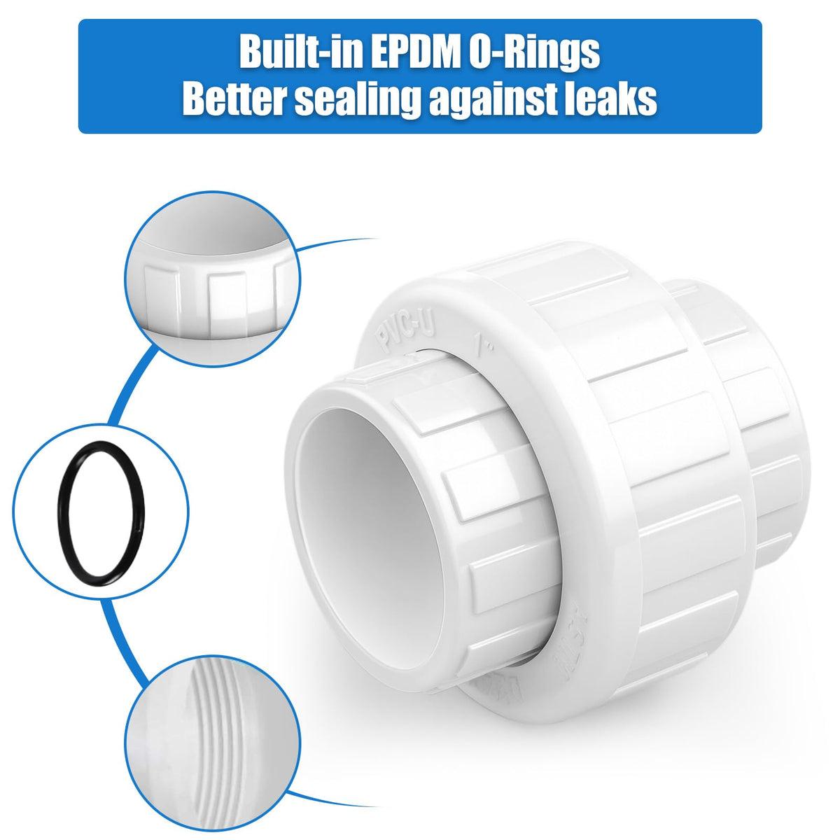 UwinVwin PVC union assembly guide shows compatibility with Schedule 40 piping.