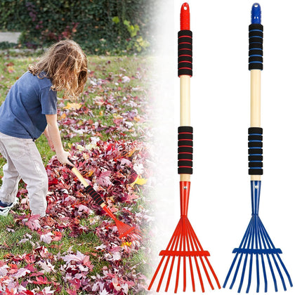 UYEDUJZ 2-pack kids rakes in blue and red for easy leaf cleanup.
