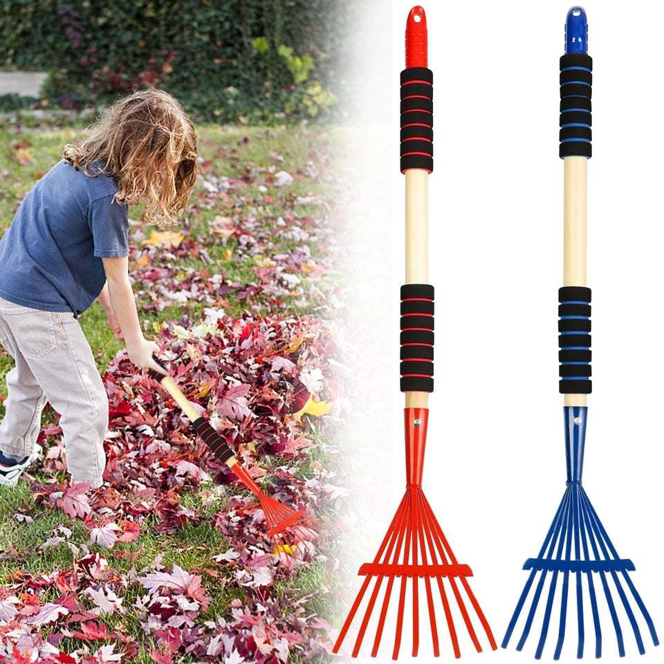 UYEDUJZ 2-pack kids rakes in blue and red for easy leaf cleanup.