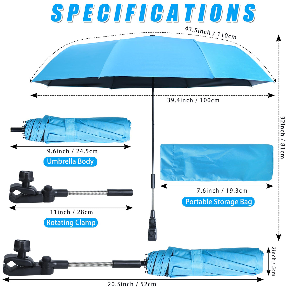 UYEDUJZ Clip-On Umbrella 40inch provides quick shade for outdoor chairs.