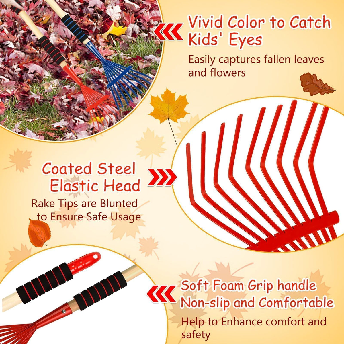 UYEDUJZ foam-handle kid rake grip highlights comfortable, slip-free use.