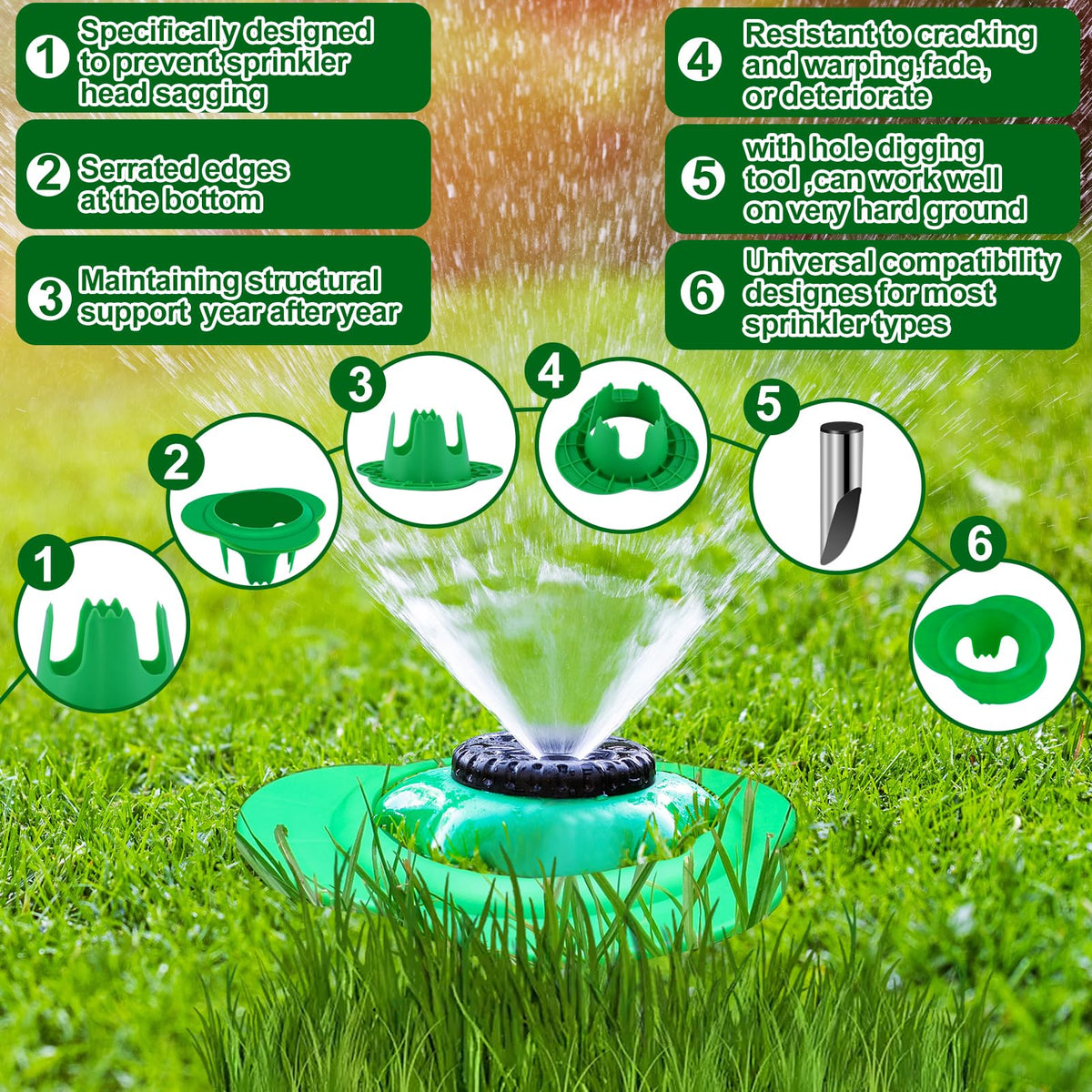 Uyeesi soil-insertable protector securely surrounds sprinkler heads.