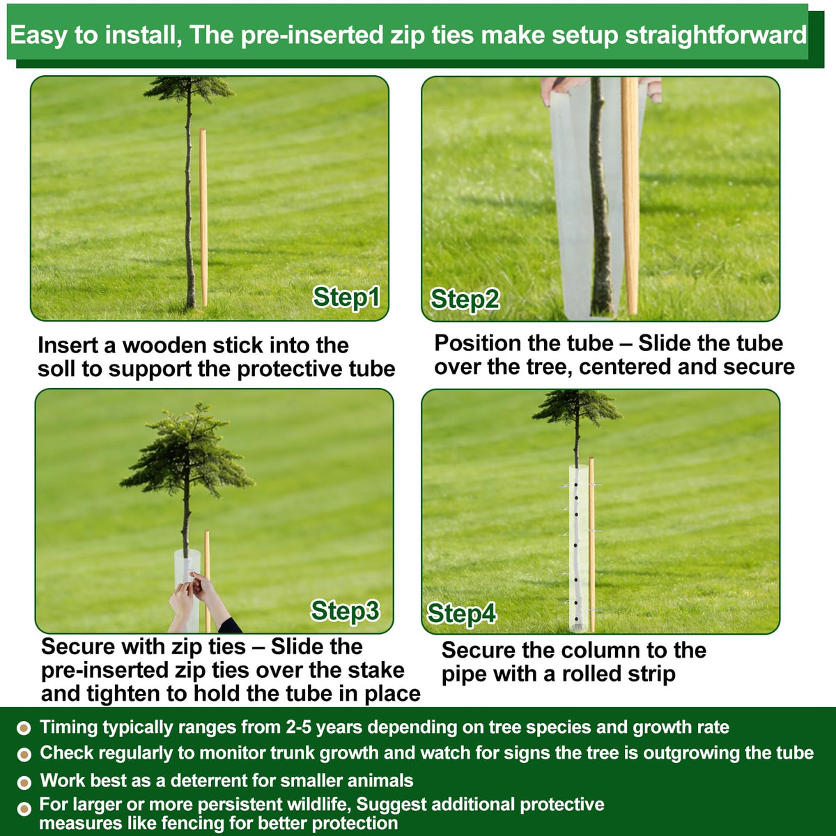 Uyeesi ventilated seedling protection tubes guard trunks from deer and weather.