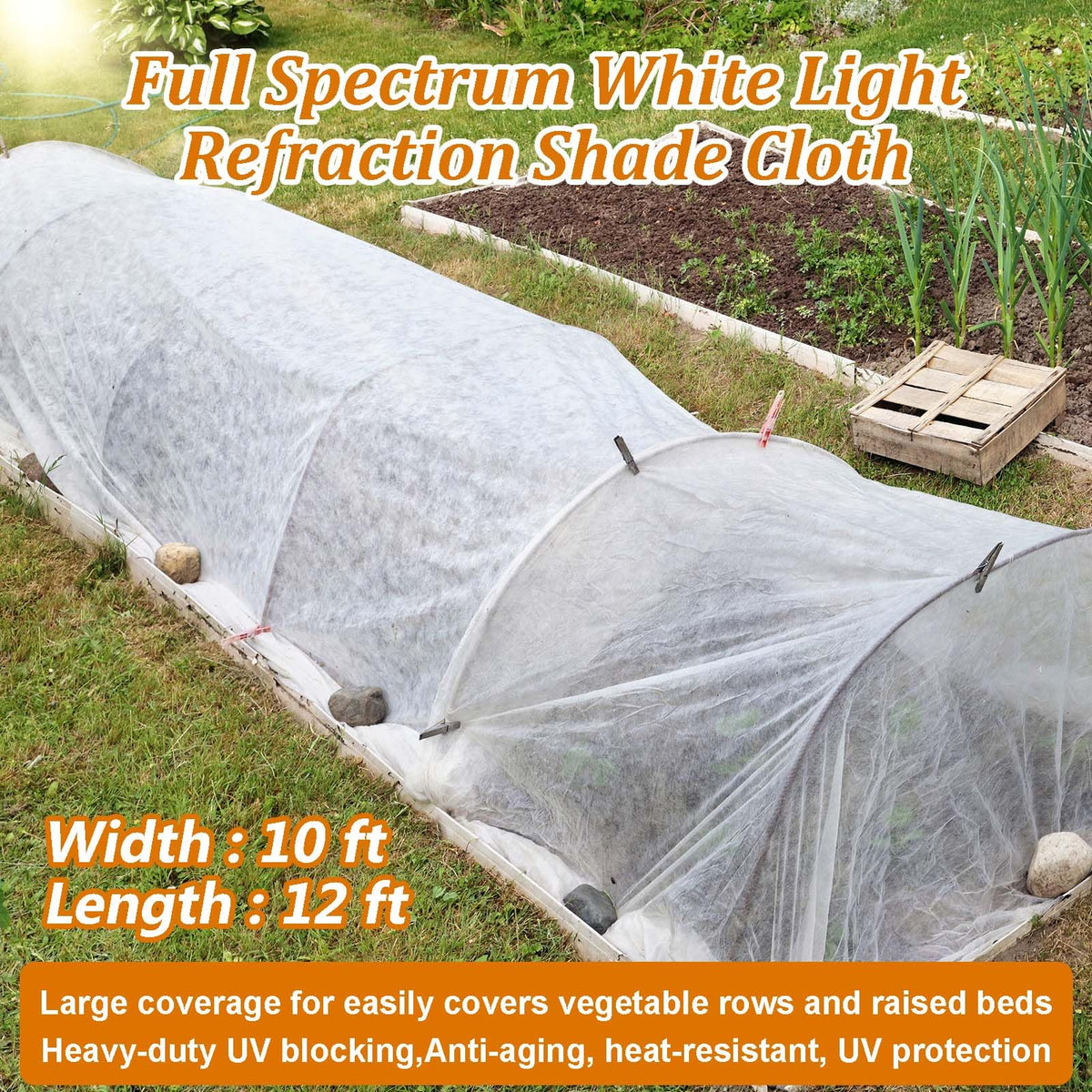 Uyeesi white sunshade cloth over vegetables shields from harsh sun while allowing airflow.
