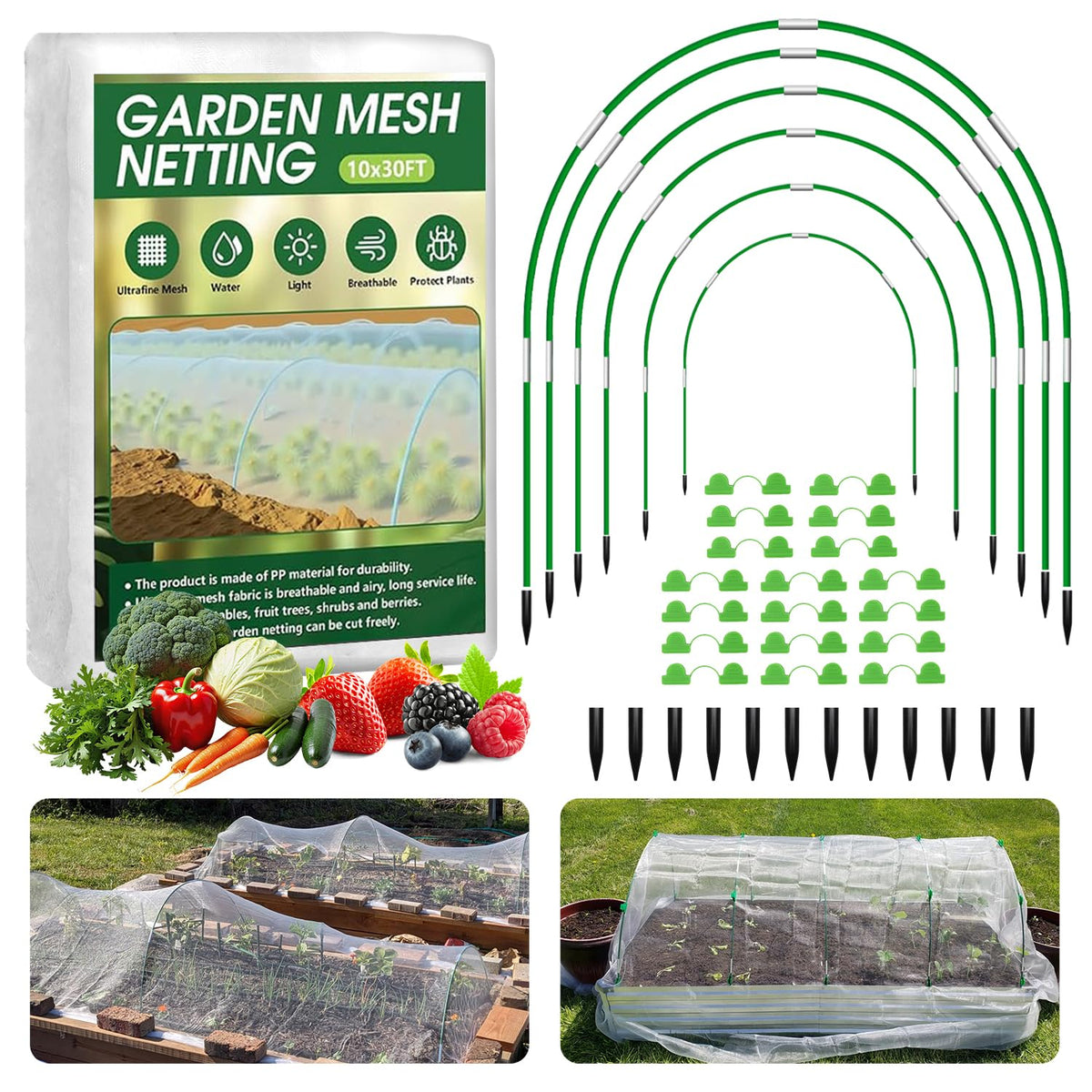 Uyittour garden netting kit with hoops assembly protects vegetables from birds.