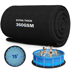 Uyittour round pool liner pad close-up shows dense 360g per sqm fabric for protection.