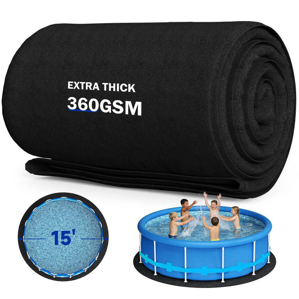 Uyittour round pool liner pad close-up shows dense 360g per sqm fabric for protection.