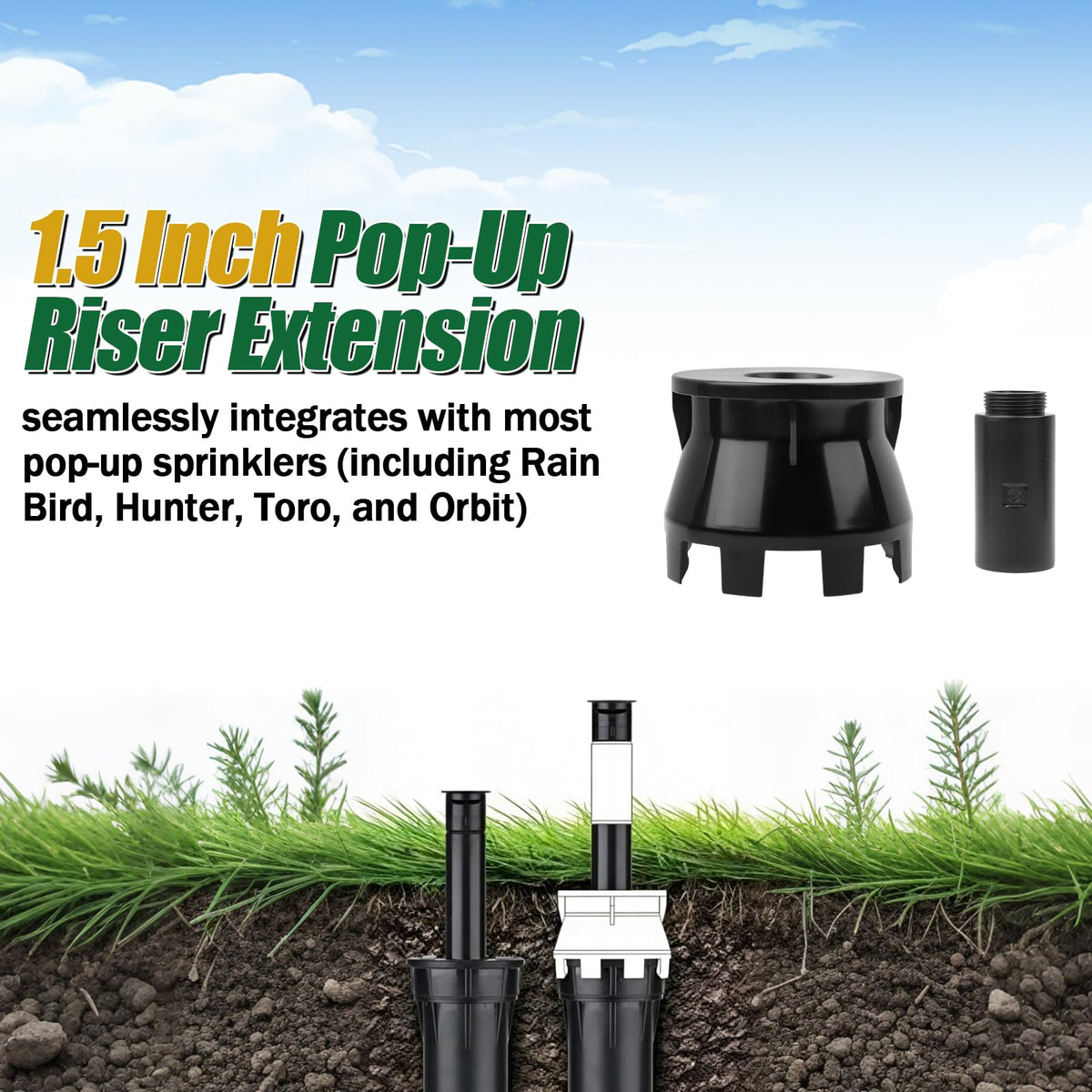 UZJYIEYG KAP-10 riser extension raises sprinkler head by 1.5 inches for even coverage.