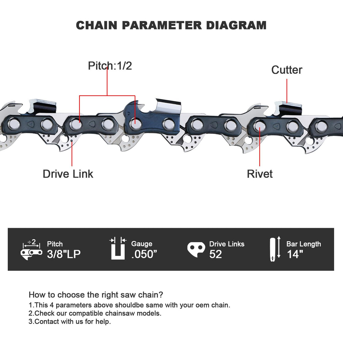 V-MODEST 14-inch chain for Ryobi RY405010 – low-kickback design for safer operation.