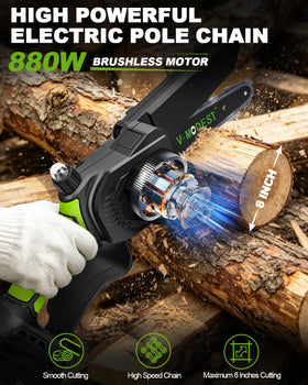 V-MODEST 880W brushless motor delivers smooth cuts through thick branches