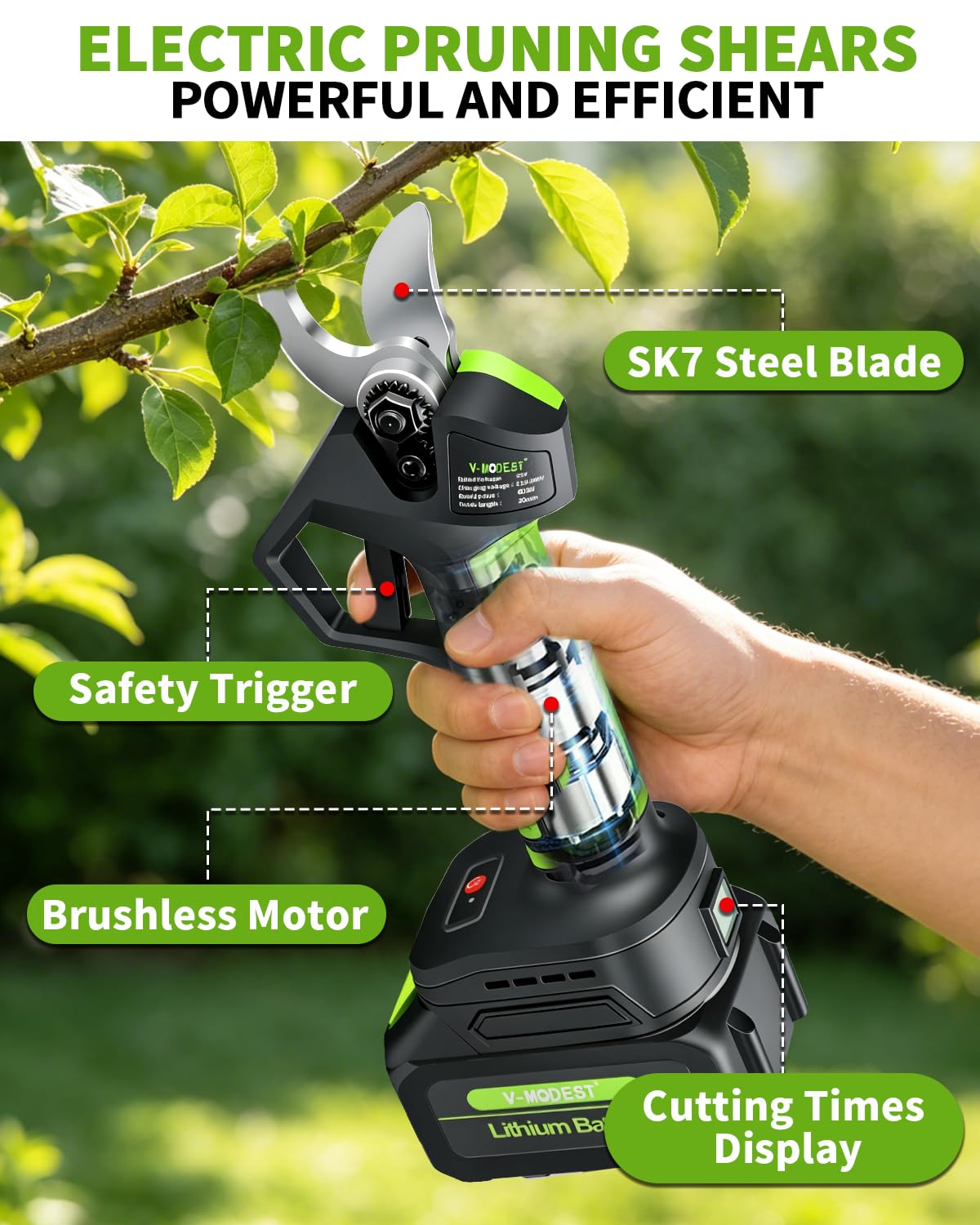 V-MODEST dual 4000mAh batteries enabling all-day cordless pruning