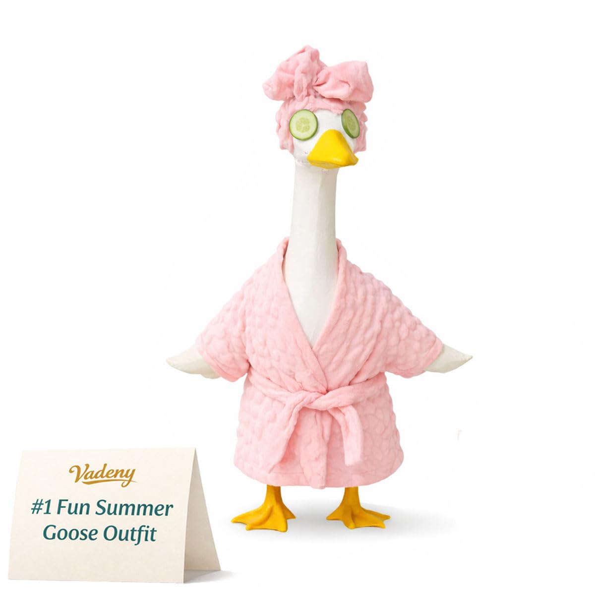 Vadeny bathrobe on a 23-inch goose statue for a cozy porch spa vibe