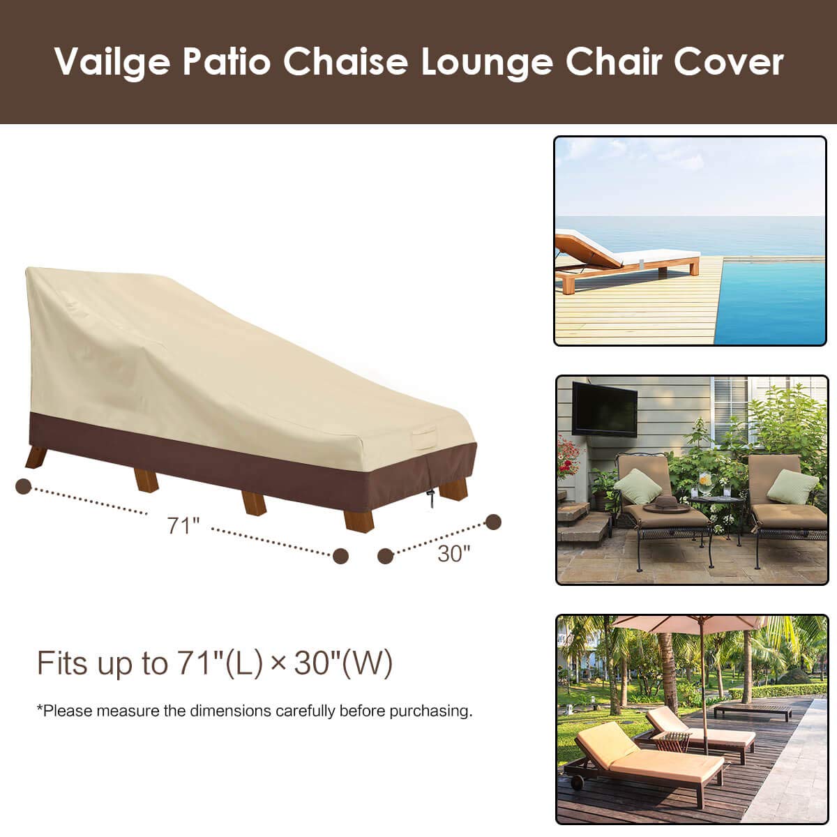 Vailge brown chaise lounge cover, side view, protects cushions while blending with decor