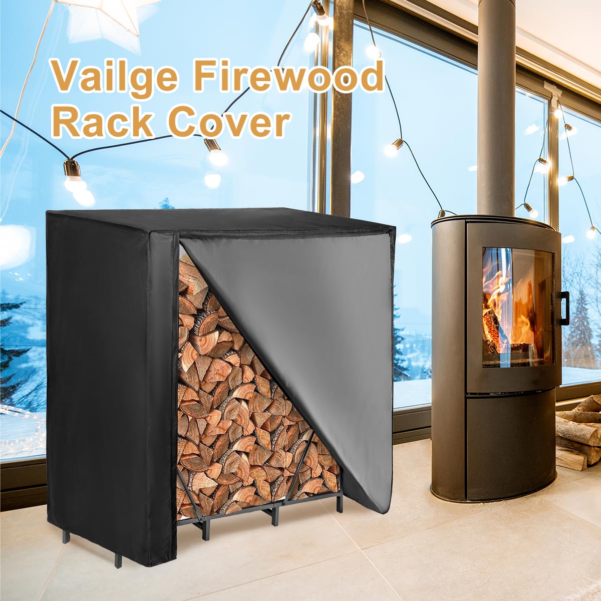 Vailge all-seasons protection shields logs from rain, snow, and sun.