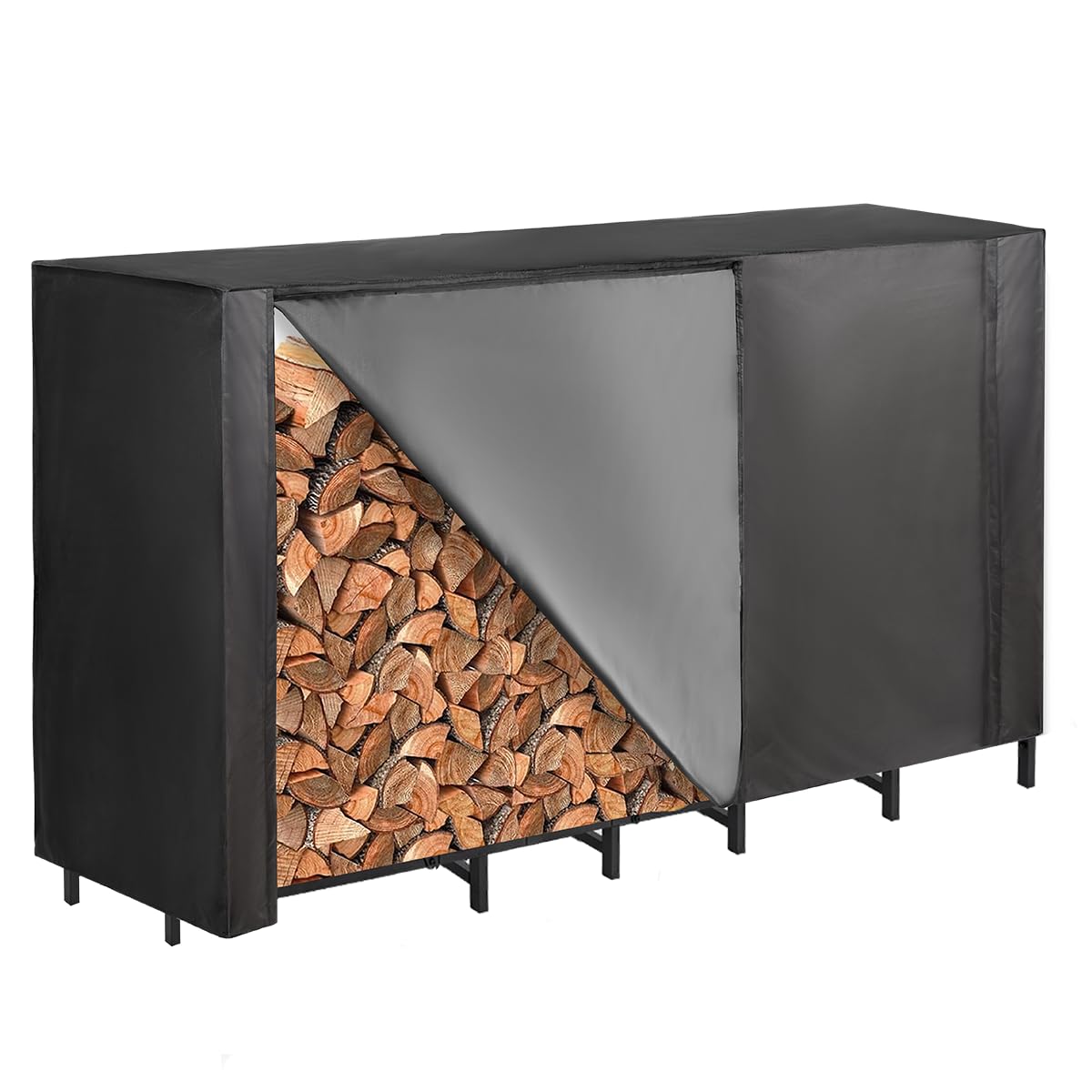 Vailge firewood rack cover with front zipper for easy access in rain or snow.